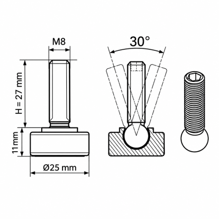 Adjustable Foot with Swivel Base Ø25 M8x27 leveler EMFA GmbH
