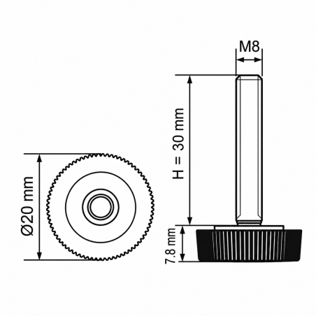 Knurled Adjustable Foot Ø20 M8x30 - FI20 leveler EMFA GmbH