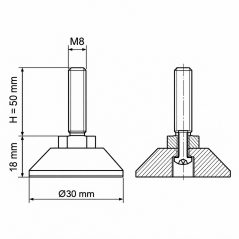 Screwed Adjustable Foot with Swivel Base M8x50 - FI30 leveler EMFA GmbH