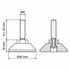 Screwed Adjustable Foot with Swivel Base M8x20 - FI40 leveler EMFA GmbH