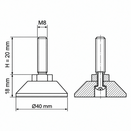 Screwed Adjustable Foot with Swivel Base M8x20 - FI40 leveler EMFA GmbH