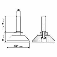 Screwed Adjustable Foot with Swivel Base M8x30 - FI40 leveler EMFA GmbH