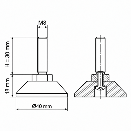 Screwed Adjustable Foot with Swivel Base M8x30 - FI40 leveler EMFA GmbH