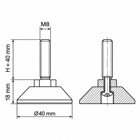 Screwed Adjustable Foot with Swivel Base M8x40 - FI40 leveler EMFA GmbH
