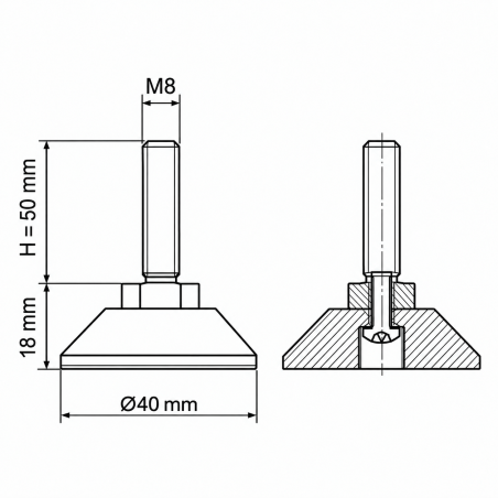 Screwed Adjustable Foot with Swivel Base M8x50 - FI40 leveler EMFA GmbH