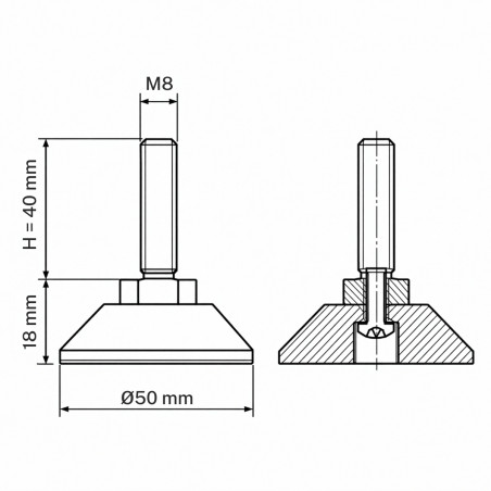 Screwed Adjustable Foot with Swivel Base M8x40 - FI50 leveler EMFA GmbH