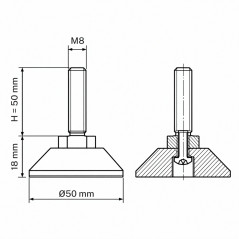 Screwed Adjustable Foot with Swivel Base M8x50 - FI50 Black