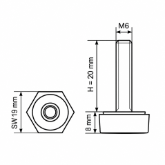 Hexagonal Adjustable Foot SW19 M6x20 - SW19 Black