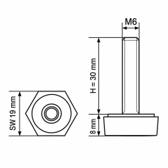 Hexagonal Adjustable Foot SW19 M6x30 - SW19 Black