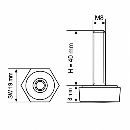 Hexagonal Adjustable Foot SW19 M8x40 - SW19 Black Hexagonal Adjustable Foot SW19 M8x40 - SW19 leveler EMFA GmbH