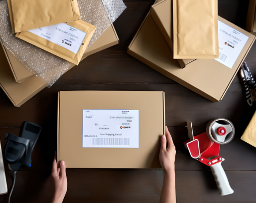 Packaging and shipping of product samples; a person preparing parcels on a table.